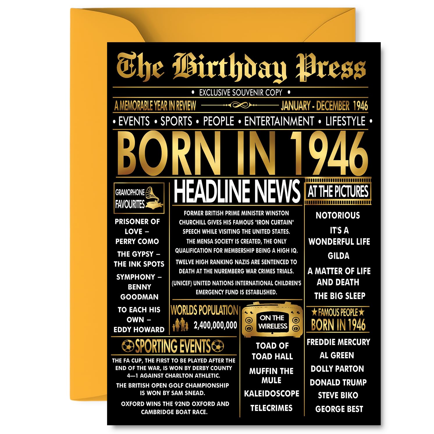 Gold 80th Birthday Card for Men Women - Black & Golden Newspaper Born in 1946 - Happy 80 Birthday Cards for Nanny Brother Wife Husband Grandma Grandad, 5x7 Inch Bday Greeting Cards