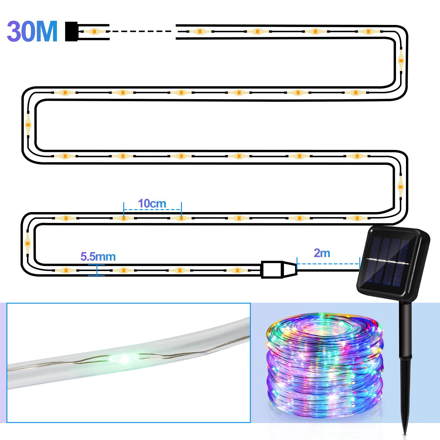 Herrselsam Solarny wąż świetlny LED, 30 m, 300 diod LED, łańcuch świetlny na zewnątrz, wodoszczelność IP65, kolorowy, 8 trybów pracy, łańcuch świetlny do ogrodu, na imprezę
