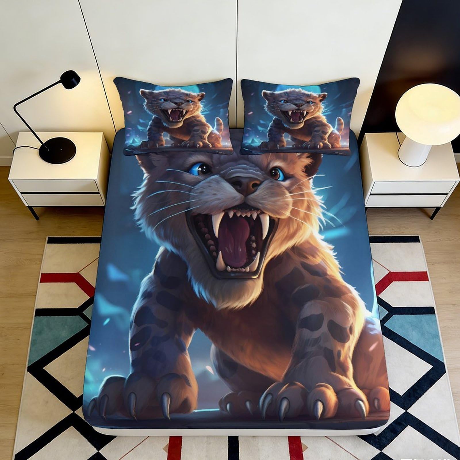 3D Printed Fierce Leopard Fitted Sheet Microfiber Soft Durable Roaring Cub Bed Cover for Bedroom Dormitory Guest Room Mattress Protection 120x200x25cm