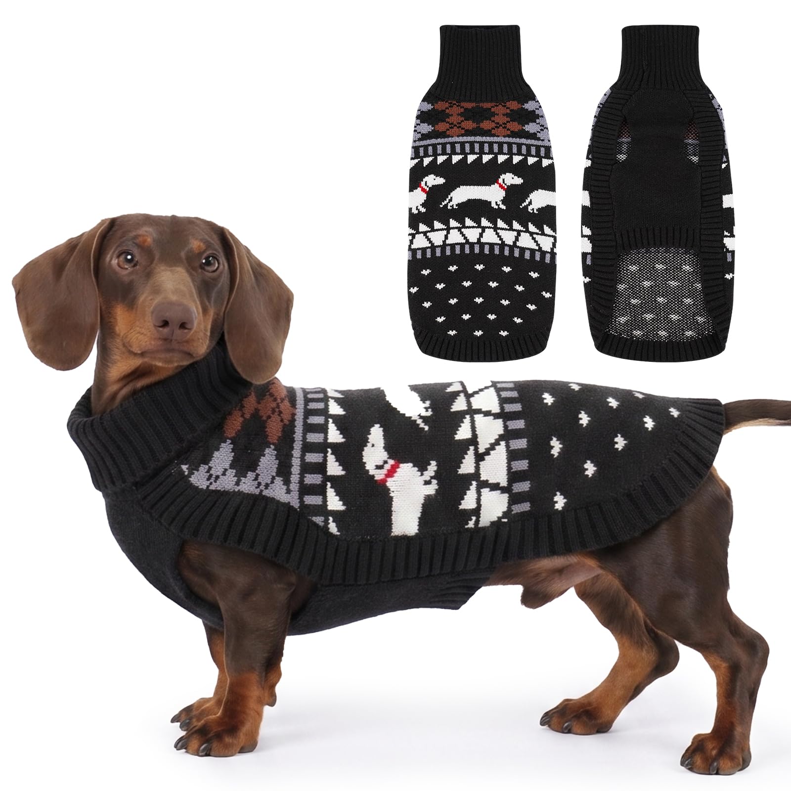 Pull à col roulé pour chien mignon avec motif teckel - Pull en polaire douce à col roulé pour petits chiens - Cadeau d'automne et d'hiver - Noir - Taille XL