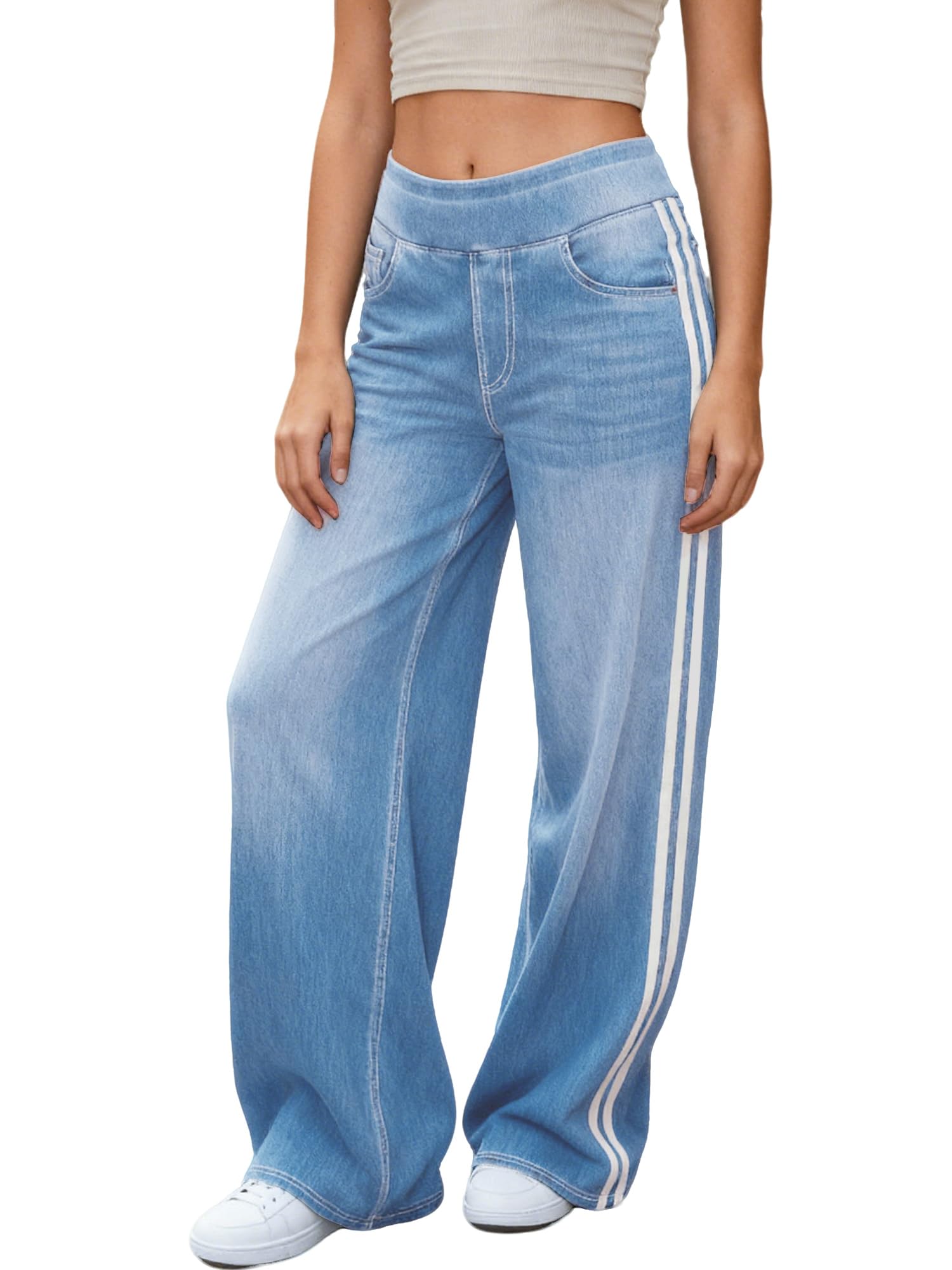 LaiEr Damen Jeans mit Weitem Bein Einzigartiges Color Block Design,Hoher Bund mit Gerader Schnitt,Geeignet für Freizeit Yoga und Fitness,Hochelastische Baggy Denimhose.