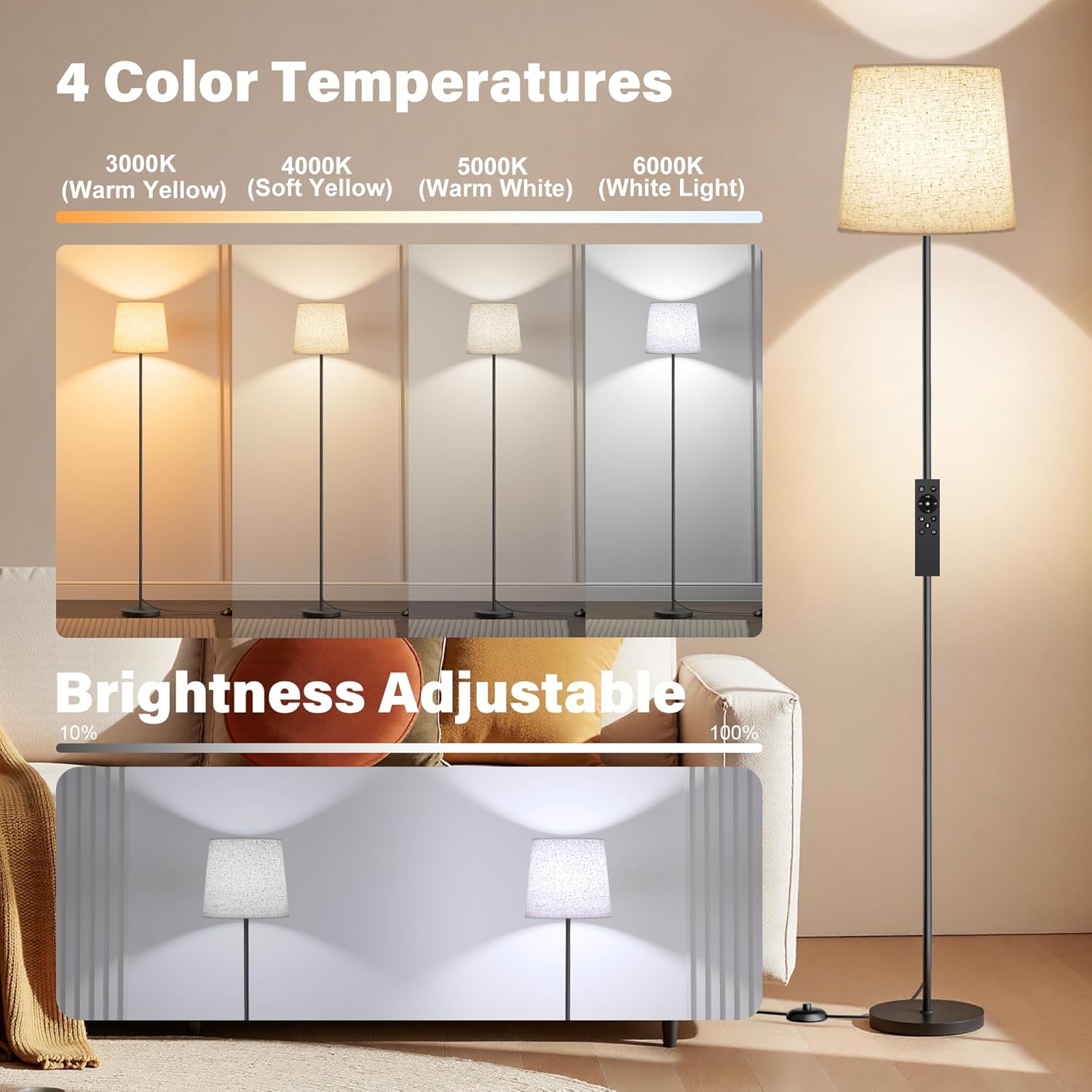 Floor Lamp with Linen Shade - 62" Dimmable LED Standing Lamp with Remote Control, 9W E26 Bulb Included, 3000-6000K, Modern Floor Reading Light for Bedroom Living Room Office Corner, Black Beige