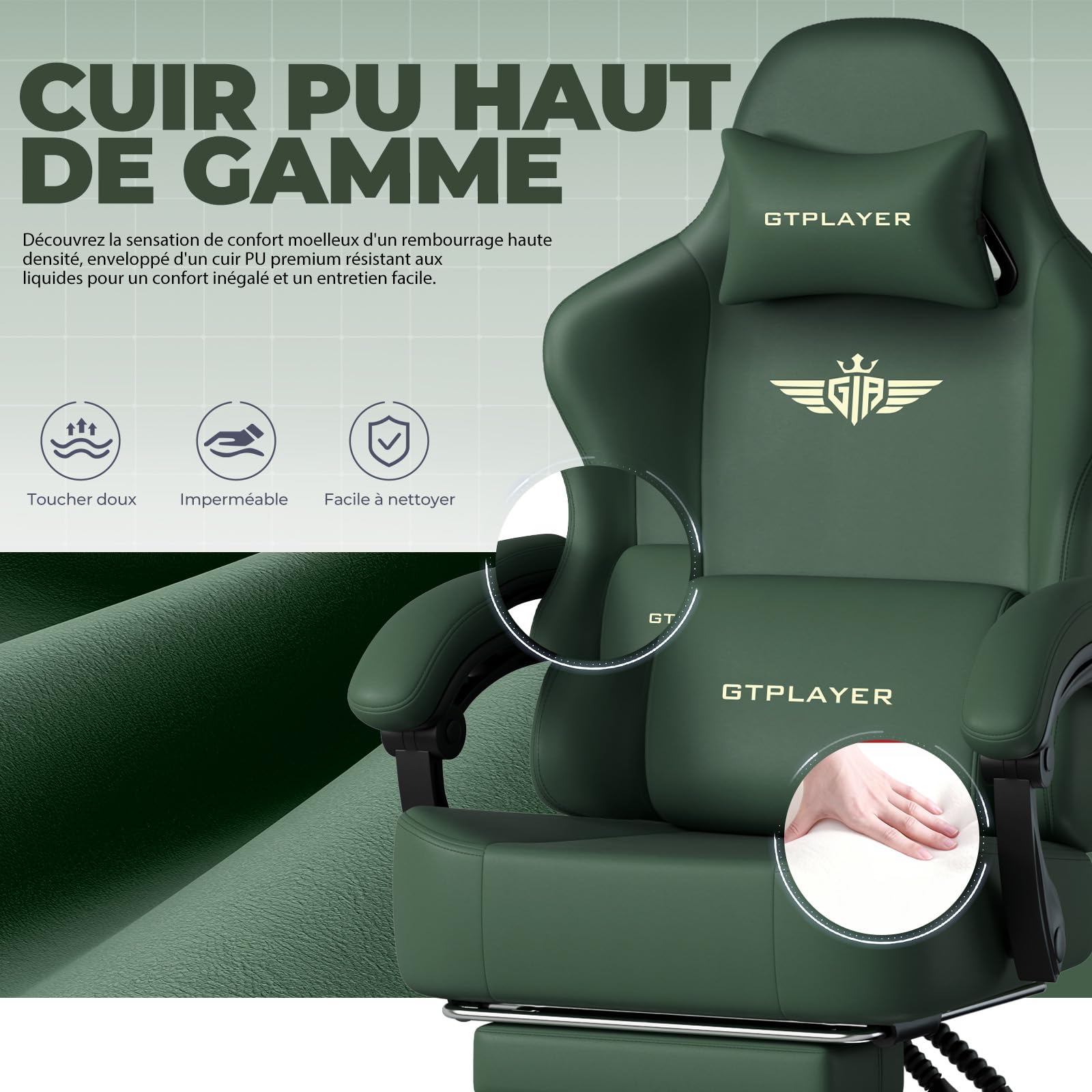GTPLAYER Chaise de Gaming - Respirante - Ergonomique - Simili Cuir de qualité supérieure - Chaise Ergonomique en Polycarbonate - Dossier réglable à 160° et Repose-Pieds Extensible -Charge 180 kg -Vert