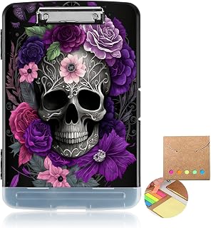 A4 Clipboard with Storage,Clip and Pen Holder-Purple Skull