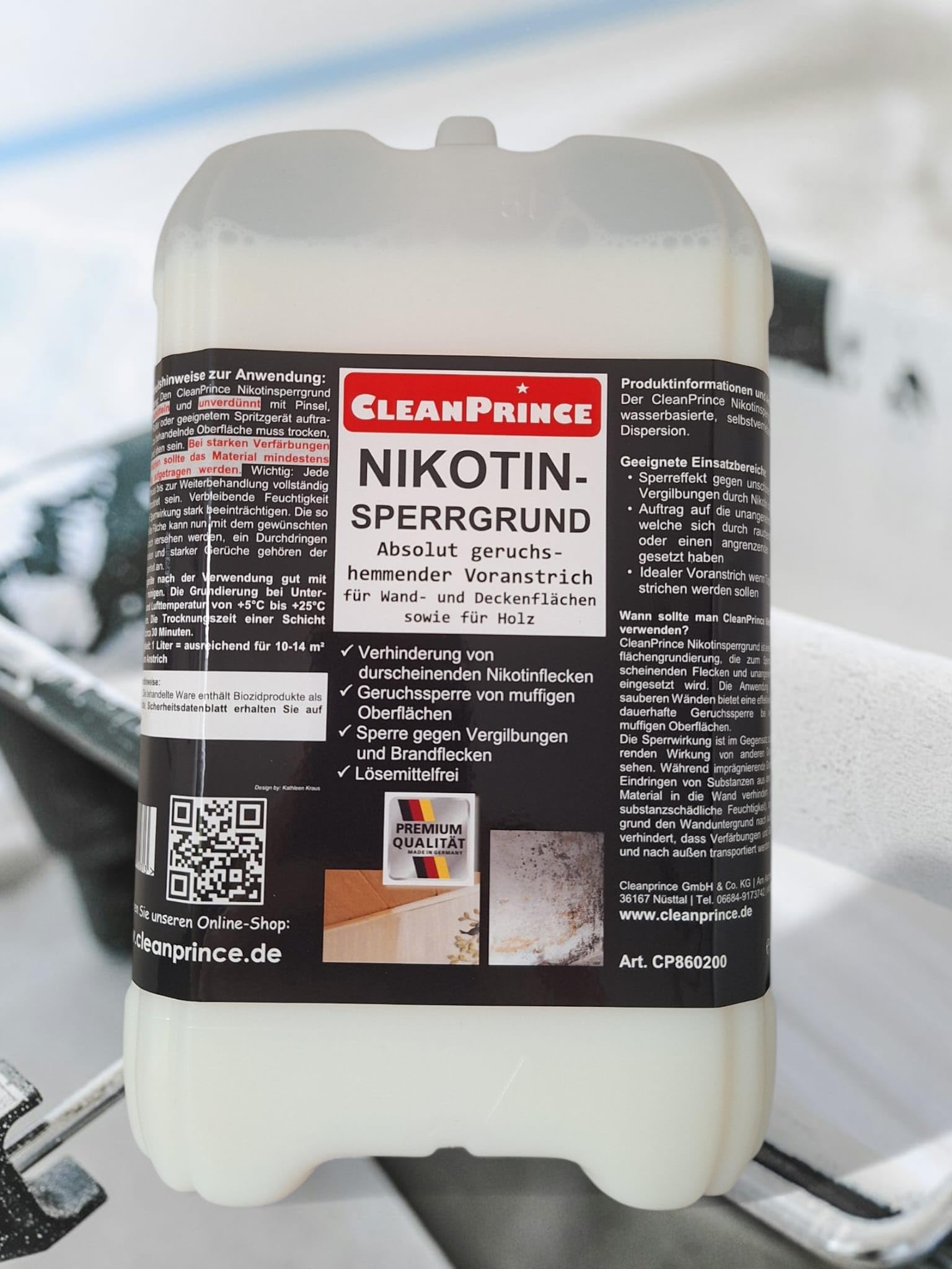 CleanPrince Nikotin-Sperrgrund 5 Liter | Voranstrich Sperrgrundierung Lösemittelfrei Geruchssperre Sperrgrund für Wand- und Decken sowie Holz | keine Farbe