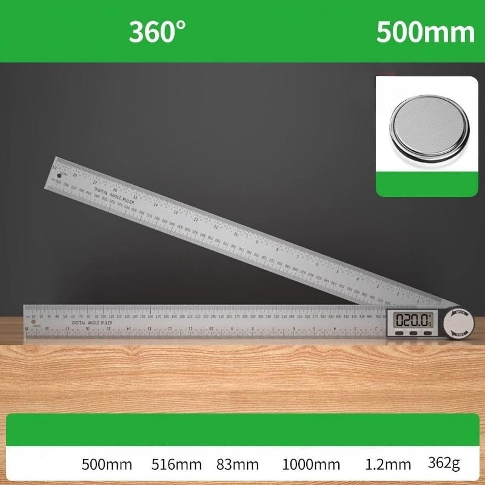 Ángulo Digital con Pantalla Digital, Regla de Acero Inoxidable, Instrumento de Medición Preciso, Medidor de 360 ​​grados, Función de Bloqueo, Escala de 500 mm