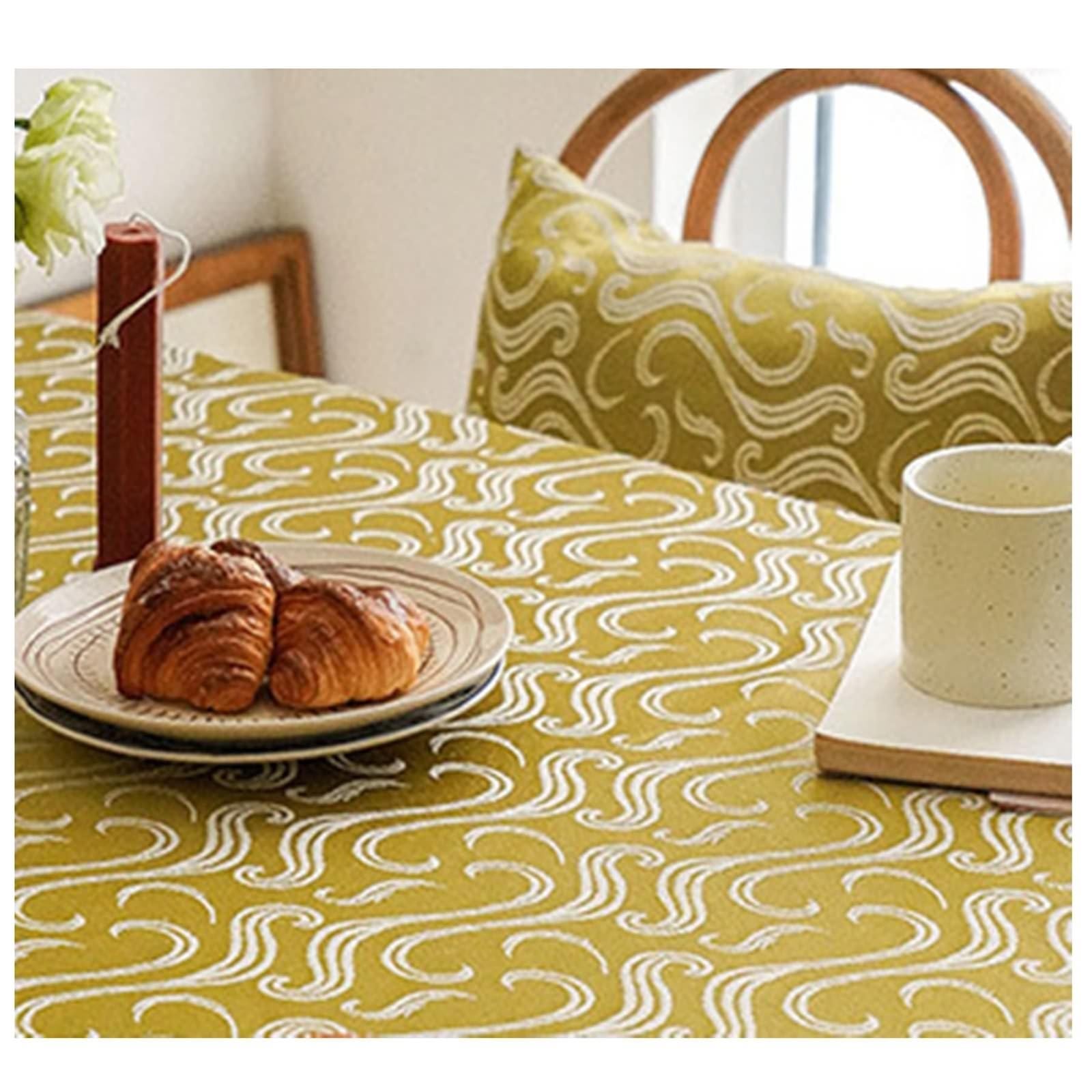 Nappe Rectangulaire 135x200 cm, Nappe Anti Tache en Lin 4-6 Personnes Broderie Vague avec Pompons
