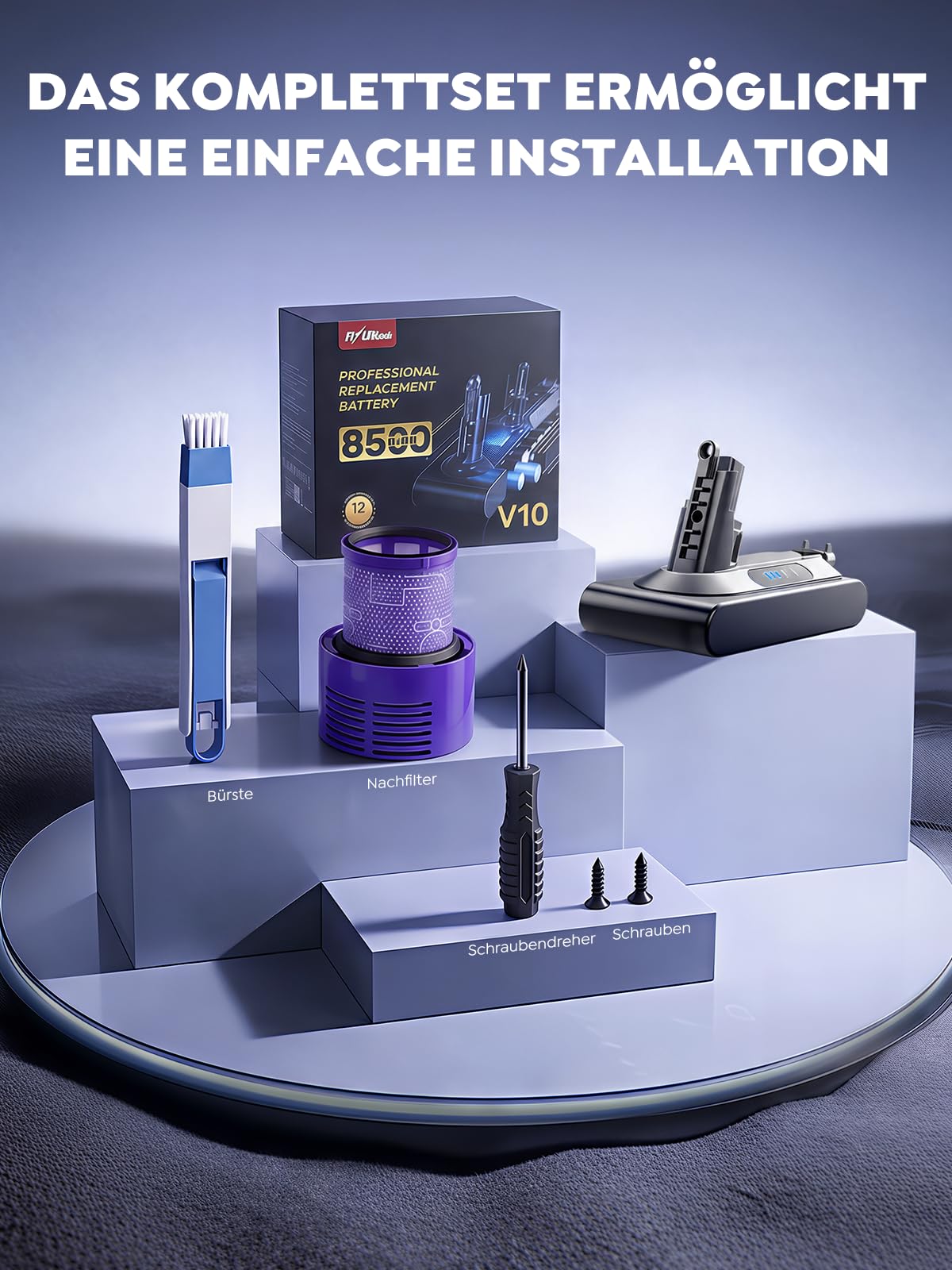 V10 Akku 8,5Ah, FLYLINKTECH 8500mAh Ersatzakku für Dyson V10 Animal/Absolute/Motörhead/Fluffy/SV12 Staubsauger mit 1*Nachfilter, 1*Bürste, 1*Schraubendreher, 3*Schrauben (Gilt Nicht für V8/SV10)