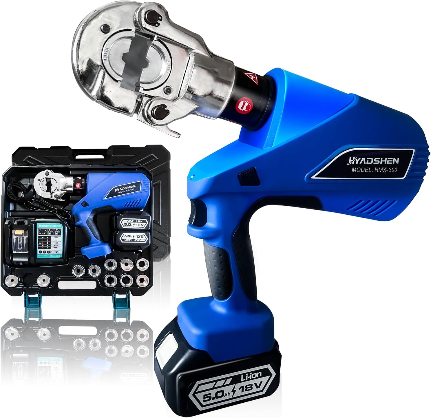 Electric Hydraulic Cable Lug Crimper Pliers Rechargeable Crimping Tool 6 Ton Electrical Terminal Cable Wire Fiber Crimper Kit with 11 Dies (HMX-300)