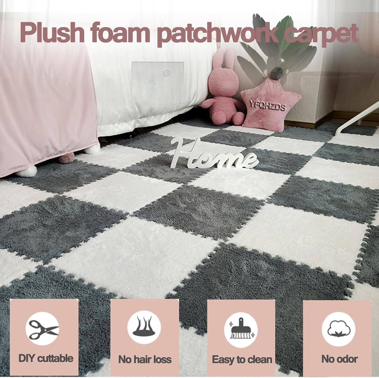 48pcs 12x12 in Plush Interlocking Foam Carpet Tiles, Puzzle Floor Mats for Parlor Bedroom Decoration, Soft Fluffy Area Rugs(White+Pink+Blue)