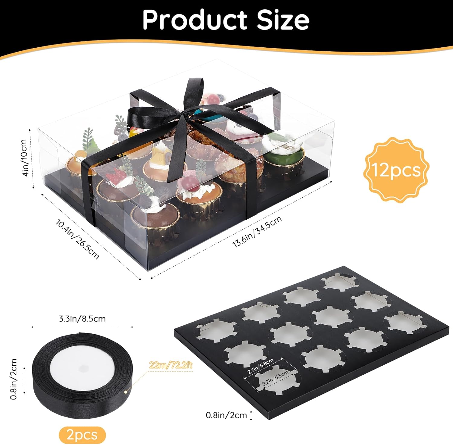 EUSOAR Cupcake Boxes, 12 Pack Black Assembly Plastic Clear Cake Containers 12 Count with Gift Ribbon, Rectangle Disposable Muffins Gift Holder Mini Cake Carrier for Wedding Party Favor Bakery