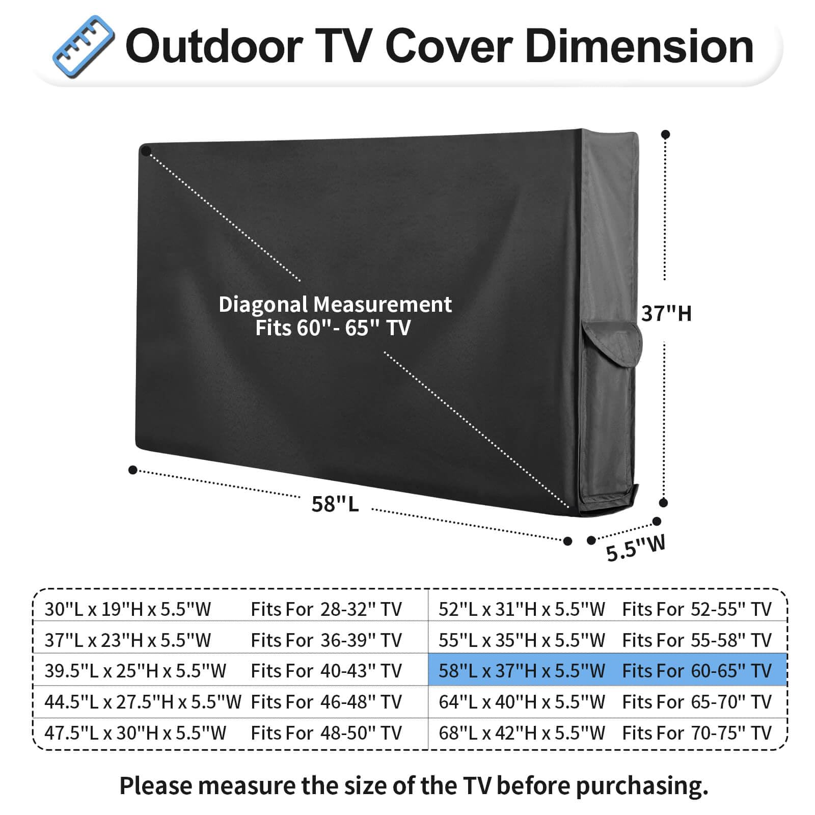 OutdoorLines Funda impermeable y resistente a la intemperie para TV de pantalla plana de 60 a 65 pulgadas, resistente al polvo y a los rayos UV, color negro, tamaño 58 pulgadas de largo x 37 pulgadas