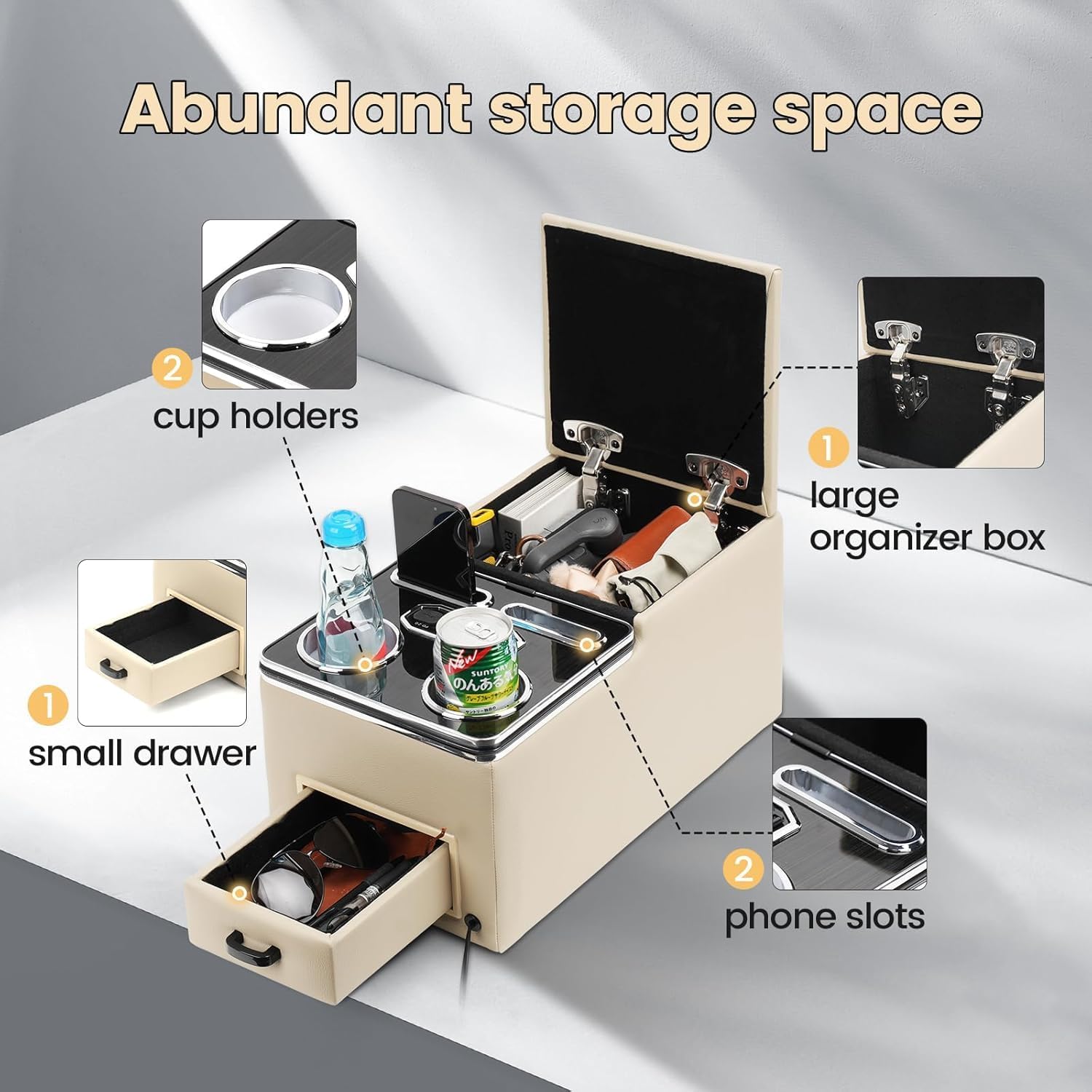 Center Console, Upgraded 7-Color Mood Lighting Center Console Organizer, Rear Bench Seat Armrest with Fast Phone Charging, Back Bench Seat Storage Box for Car Minivan Van Truck