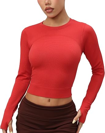 Womens Long Sleeve Workout Crop Tops Crew Neck Ribbed Slim Fitted Running Yoga Going Out T-Shirts