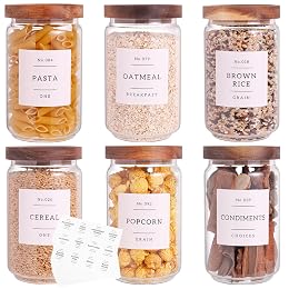 6 Set Glass Pantry Storage Jars with Acacia Airtight Lid - 23oz Thicken Glass Kitchen Canisters with 132 Pantry Labels - Clear Glass Food Storage Containers with Wood Lid for Tea,Sugar,Cookie,Coffee