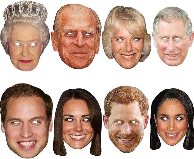 8 Pack Royal Family Queen King Charles III Queen Consort Camilla Phillip Kate William Harry Meghan Kings Coronation Supplies Celebrities Face Mask Hen and Stag Parties Fancy Dress