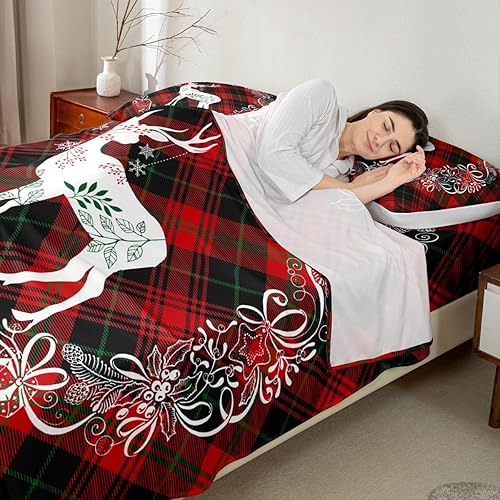 Miniatura 2 de Manfei Juego de sábanas de ciervo de Navidad, tamaño matrimonial, juego de ropa de cama con estampado de hojas florales a cuadros rojos para