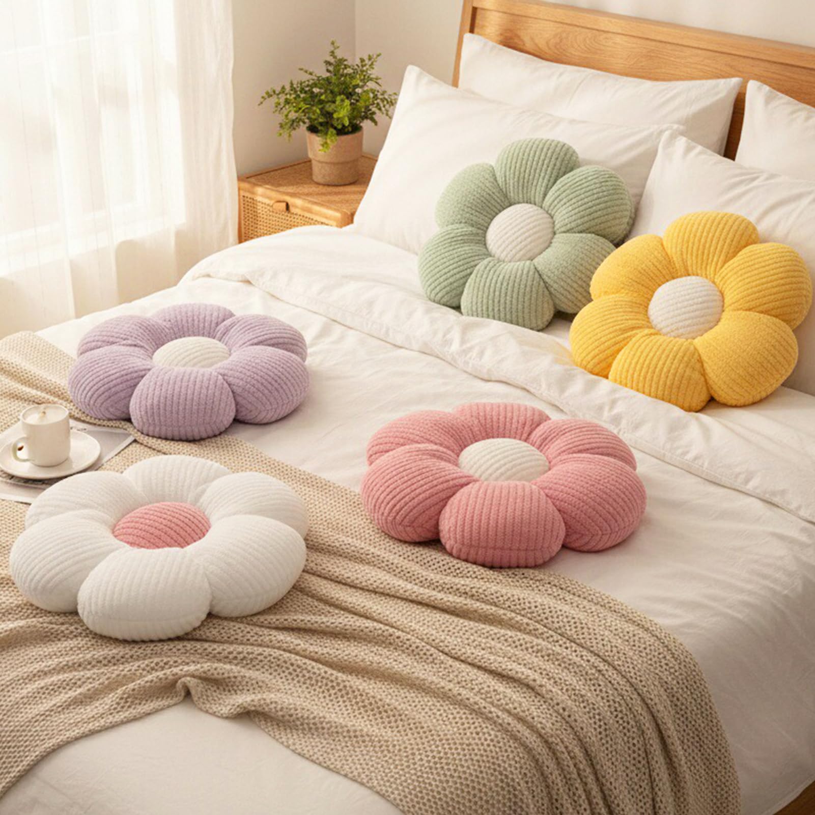 2 cuscini a forma di fiore, morbidi cuscini da pavimento per divano, soggiorno, camera da letto, decorazione per la stanza delle ragazze, bianco e rosa