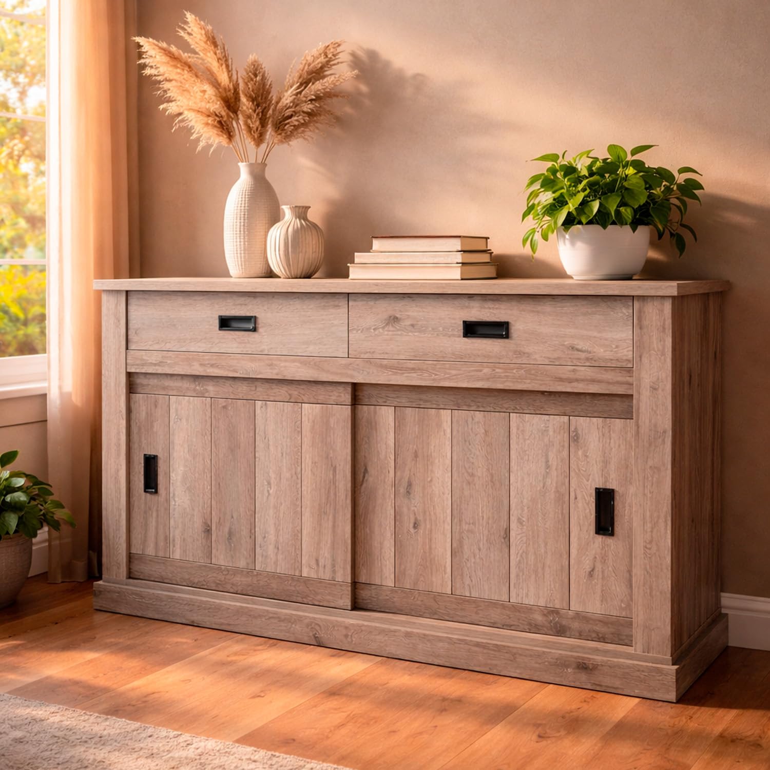 Arreditaly Madia Credenza Mobile Soggiorno Con 2 Cassetti E 2 Ante Scorrevoli 4 Ripiani Interni Design Minimal Shabby Chic Sala Da Pranzo Zona Living 150 x 50 x 95.5 Cm (Rovere Alaska)