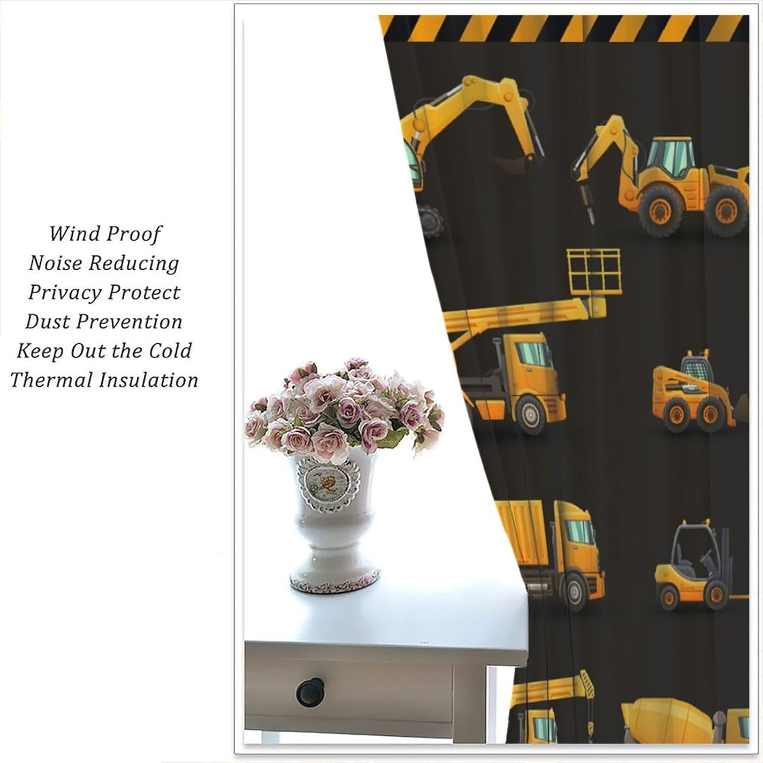 Construction Car Curtains for Kids Boys Bedroom, Cartoon Black Yellow Excavator Tractor Construction Truck Print Blackout Window Drapes for Toddler Nursery Boys Room, 42" W X 63" L