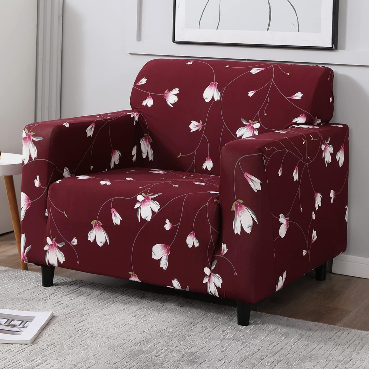 HOKIPO Sofa Cover 1 Seater Fully Covered, Wine Red Flowers