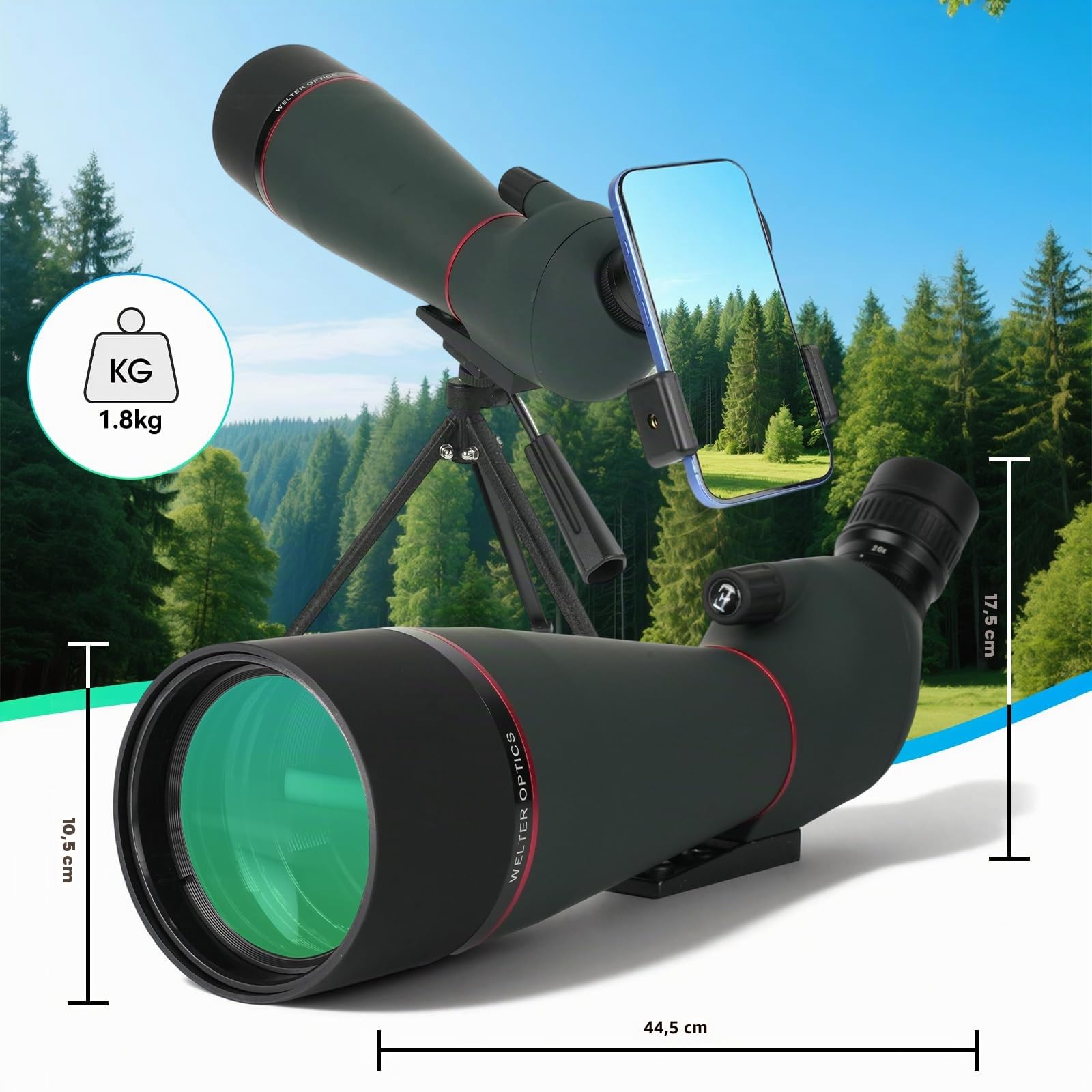 20-60 x 80 Spektiv Vogelbeobachtung HD FMC für Jagd | Spektive Sportschützen - Wasserdicht Porro Prism mit Stativ,45-Grad-abgewinkelte für Vogelbeobachtung,Zielschießen
