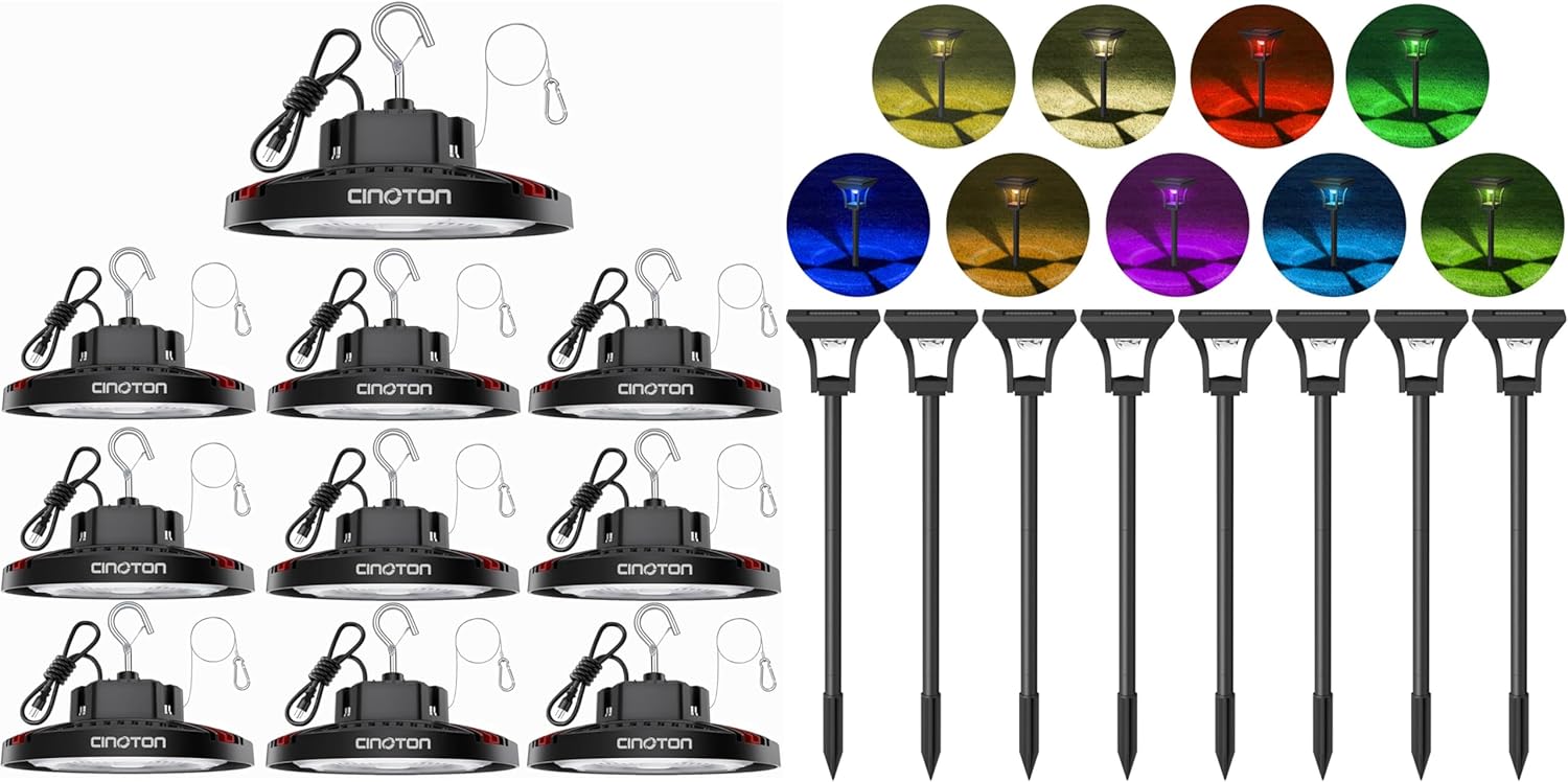 CINOTON UFO High Bay Light and Solar Pathway Light RGBCW 8 Pack