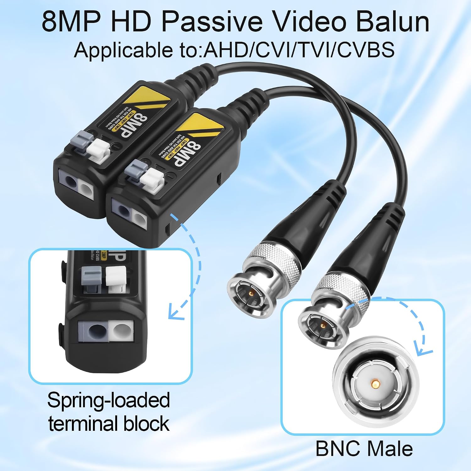 8MP HD Passive Video Balun Connectors AHD/CVI/TVI/CVBS Cameras for 1080P 3MP 4MP 5MP 8MP CCTV Security DVR Surveillance System 4 Pairs (Support AHD/CVI 400M/1312Ft,TVI/CVBS 300M/984Ft)