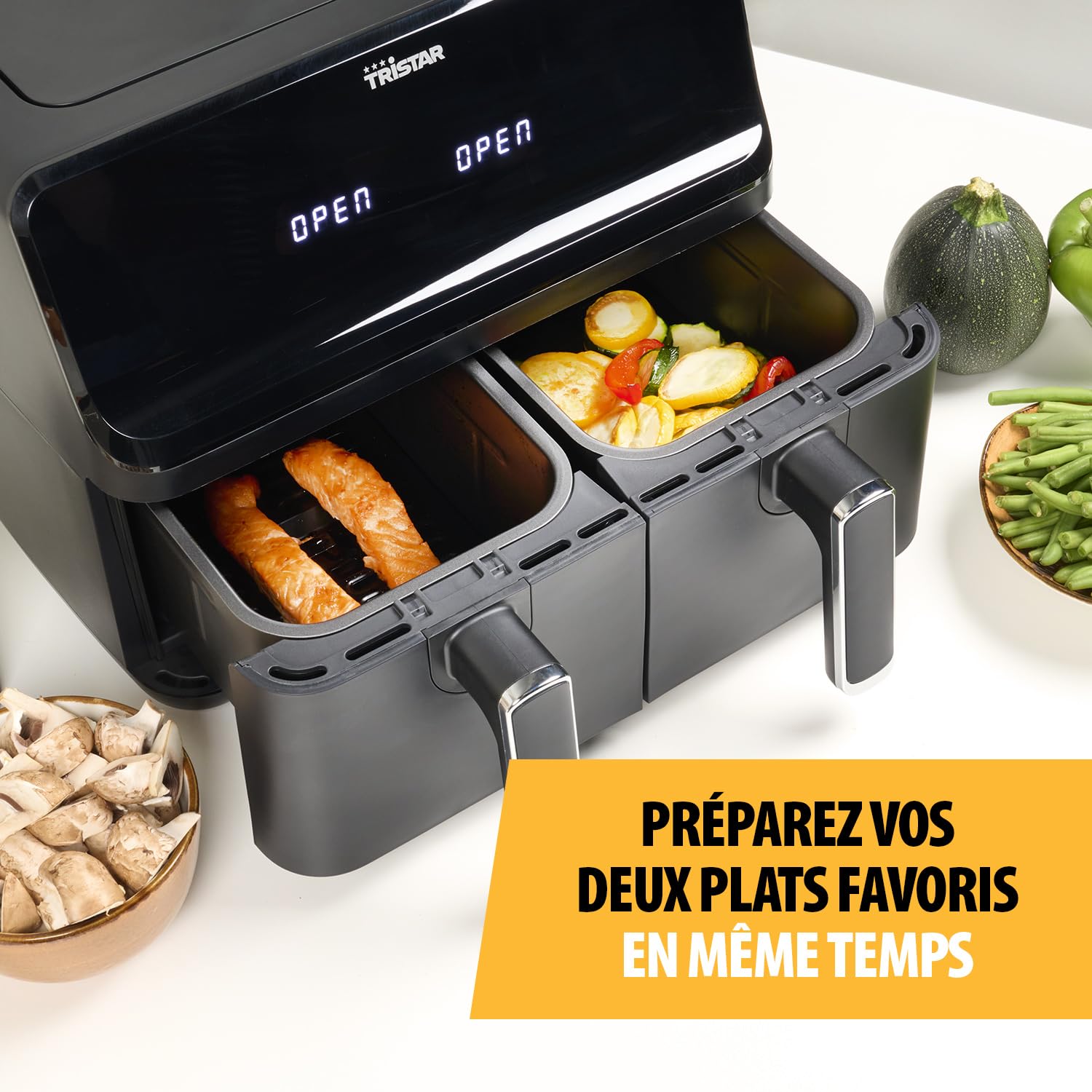 Tristar Airfryer Double Panier - Capacité 2 x 4 L - 2700 W - 8 programmes - Température réglable par panier, Noire