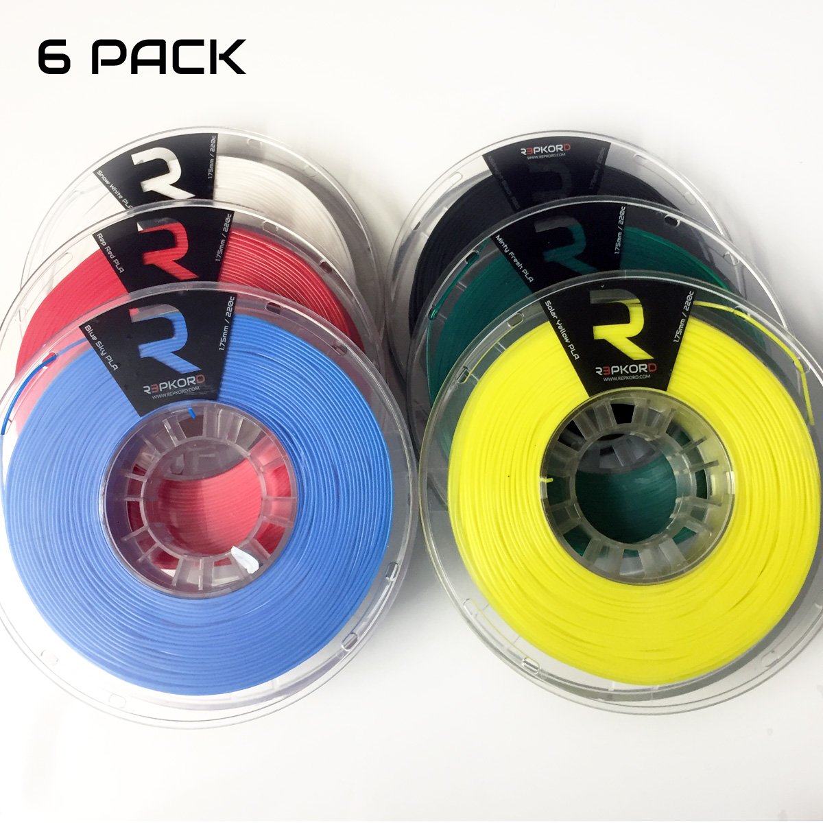 MAX 3D Printer Filament USA Made PLA 6Pak 1.75mm PLA, Makerbot Compatible 6 x 1lb spools / 6lb Total Red Green Blue Yellow Black White (Pack of 6)