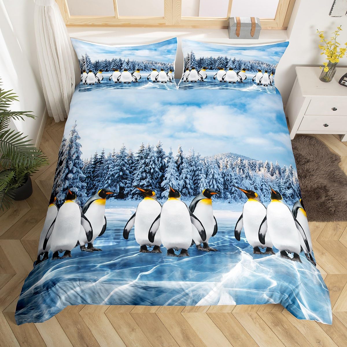 Loussiesd Kids Penguin Bedding Set Boys Cute Penguins Printed Duvet Cover Cot For Girls Children Bedroom Decor Winter Polar Animal Pattern Comforter Cover Microfiber Blue White Nature Bedspread Cover