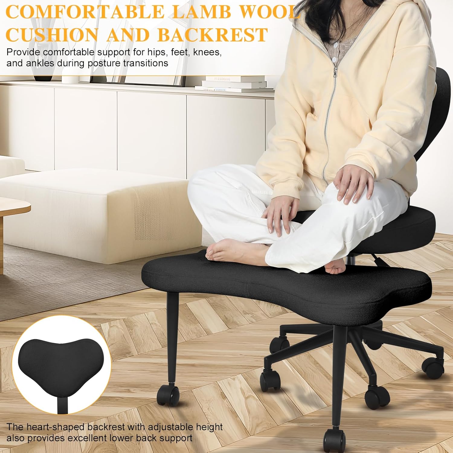 Ergonomic Cross Legged Chair,ADHD Chair with Backrest & Wheels, Criss Cross Seat with Lumbar Support, Kneeling Chairs for Meditation Yoga Home Office, Adjustable Height (Black)