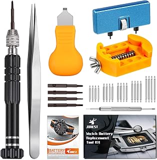 JOREST Kit Changement Pile Montre, Kit Outil Montre, Tournevis Reparation Horloger, Remplacement Pile, Ouvre Boitier Montre, Montre Demontage, Support de boîtier de montre, Barre à ressort, Brucelles