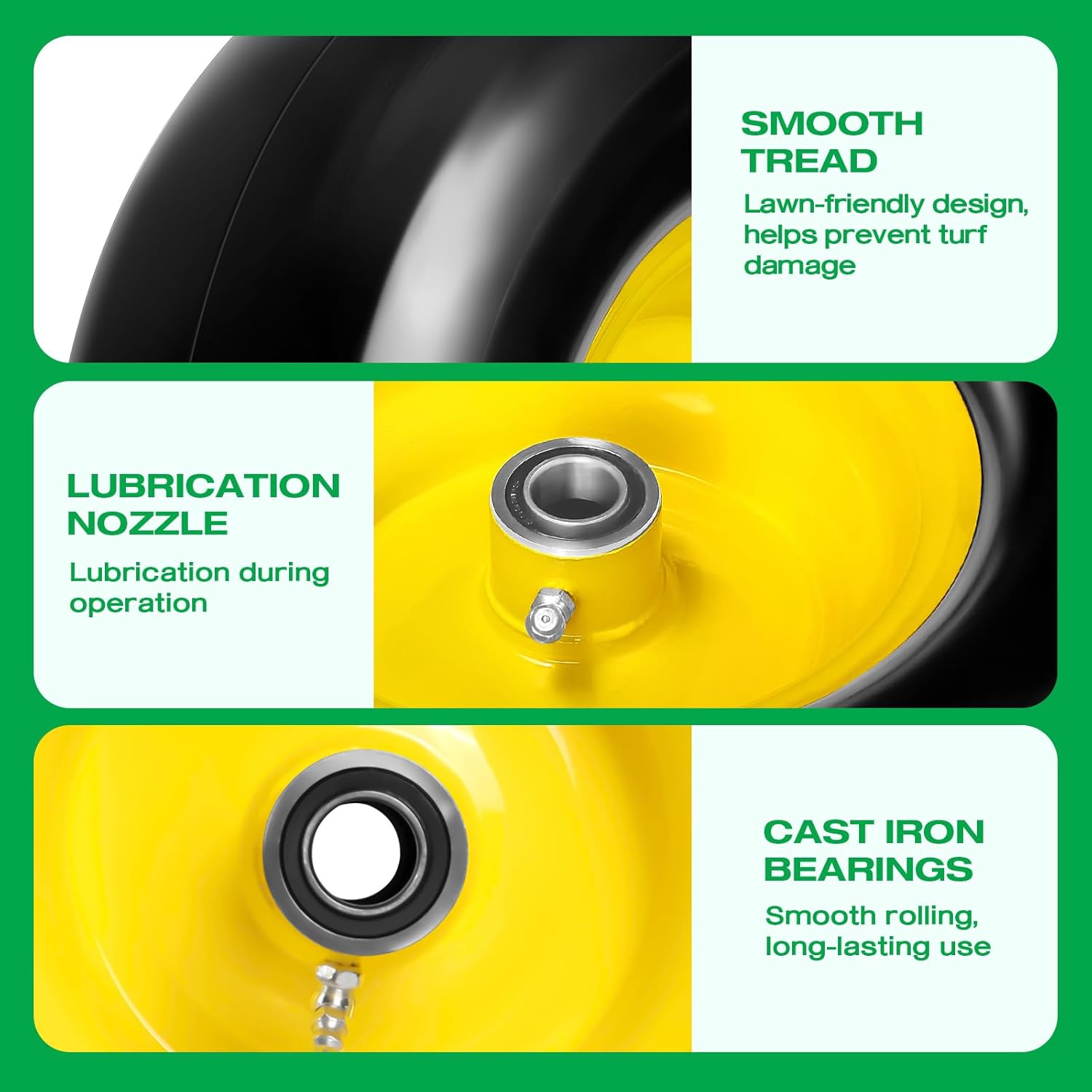 13x5.00-6 Flat Free Lawn Mower Tire Wheels; 2 Packs Non-Slip Puncture-proof Tire for Lawnmowers, Replacement 3/4" & 4 Pcs 5/8" Bearing with 24 Spacers for Zero Turn Mowers 、Garden Tractors Carts