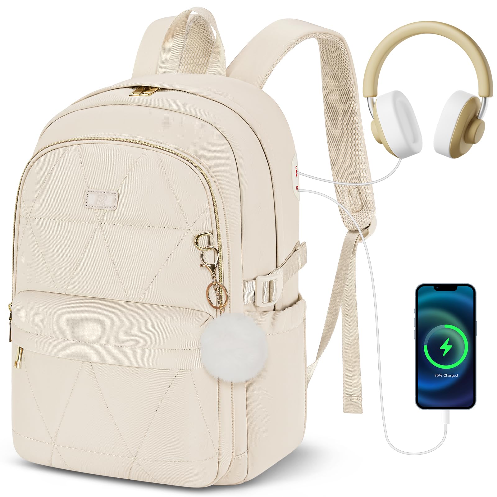 RAINSMORE School Backpack for Women 15.6 Inch Waterproof Laptop Backpack with USB Port Lightweight Travel Daypack