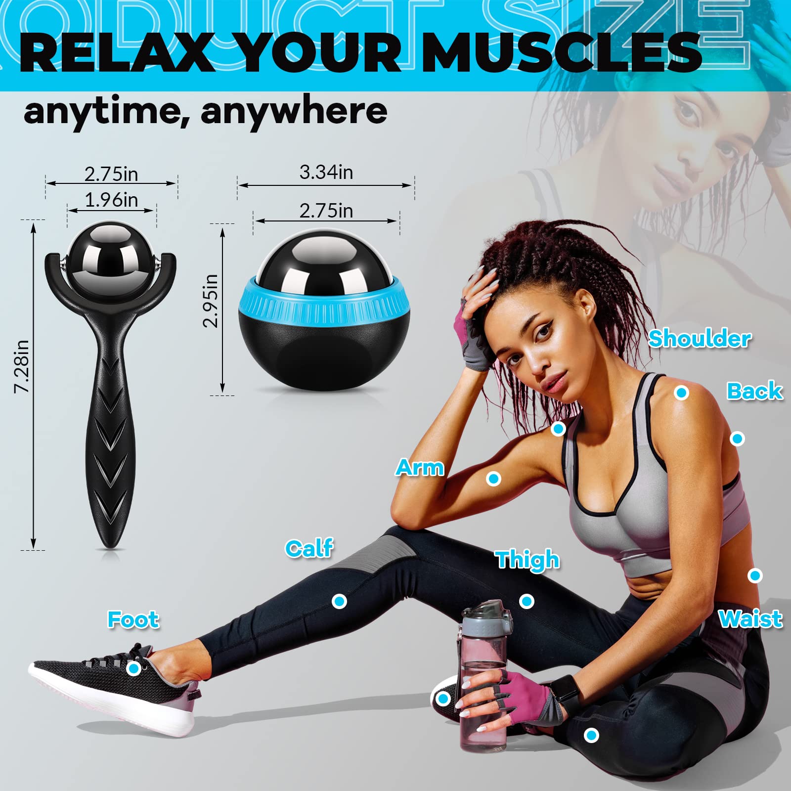 Tatuo Bola de masaje y rodillo de masaje frío con asa, herramientas de masaje, rodillo muscular, masajeador de hielo para aliviar el frío y el calor, dolor muscular, cuerpo, cuello, espalda, pies