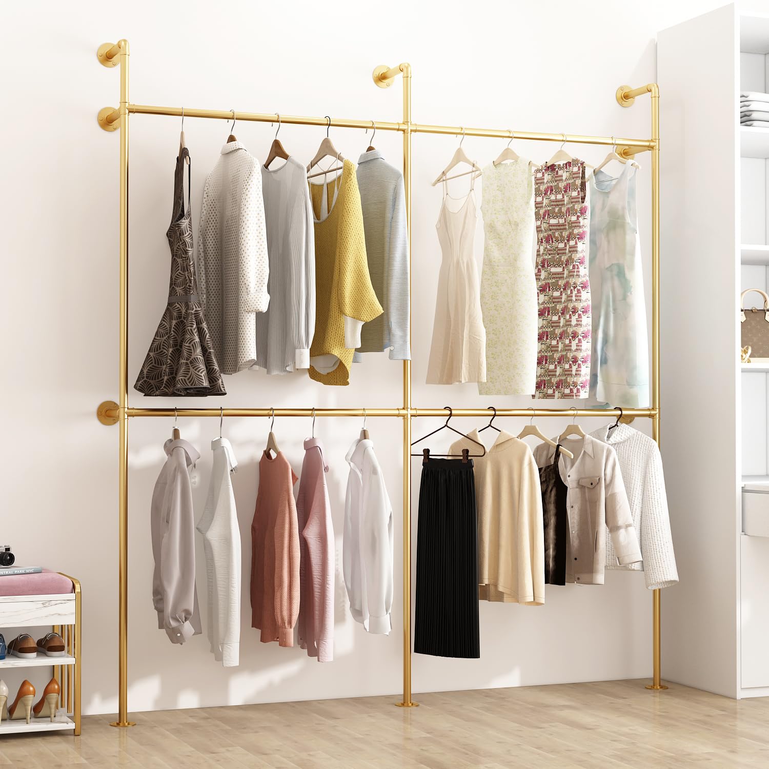 orsenigo industrial pipe clothing rack, heavy duty metal clothes rack with double rods for hanging clothes, wall mount space-saving garment display rack (double, gold)
