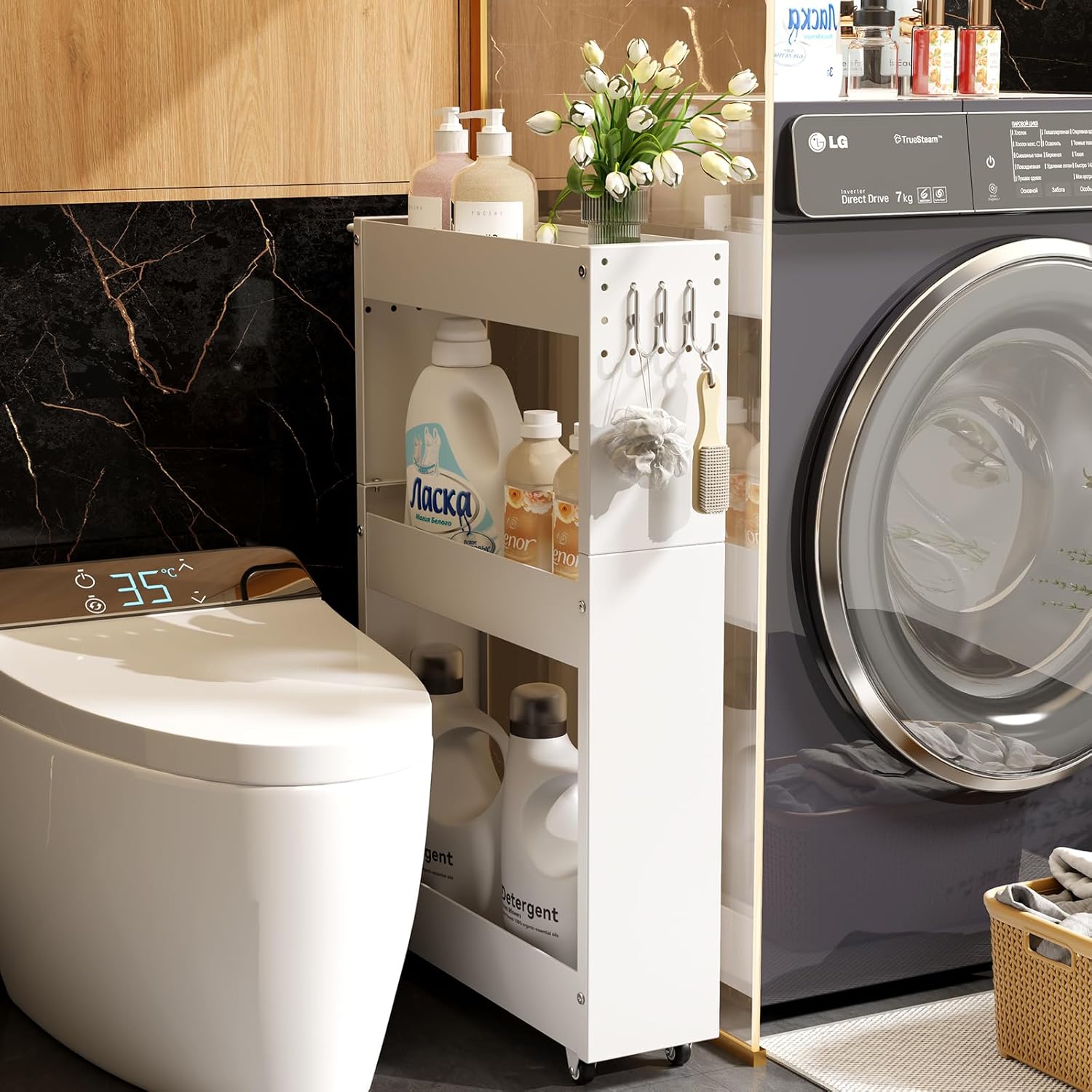 Slim Storage Cart 3 Tier with Handle,Metal Basket Bathroom Organizer Rolling cart with Wheels, Rolling Utility Cart Slide Out Organizer for Kitchen, Bathroom, Laundry