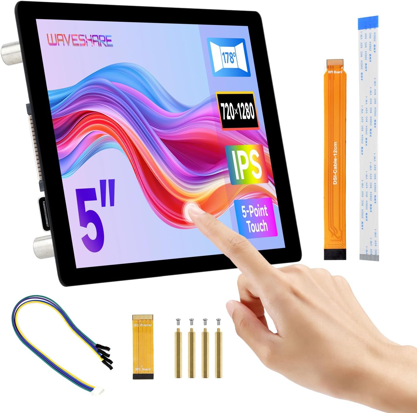 Waveshare 5inch DSI Capacitive Touch Display, Compatible with Raspberry Pi 5/4B/3B/CM3/3+/4, 720 × 1280, IPS, Optical Bonding Toughened Glass Panel, DSI Interface, 5-Point Touch