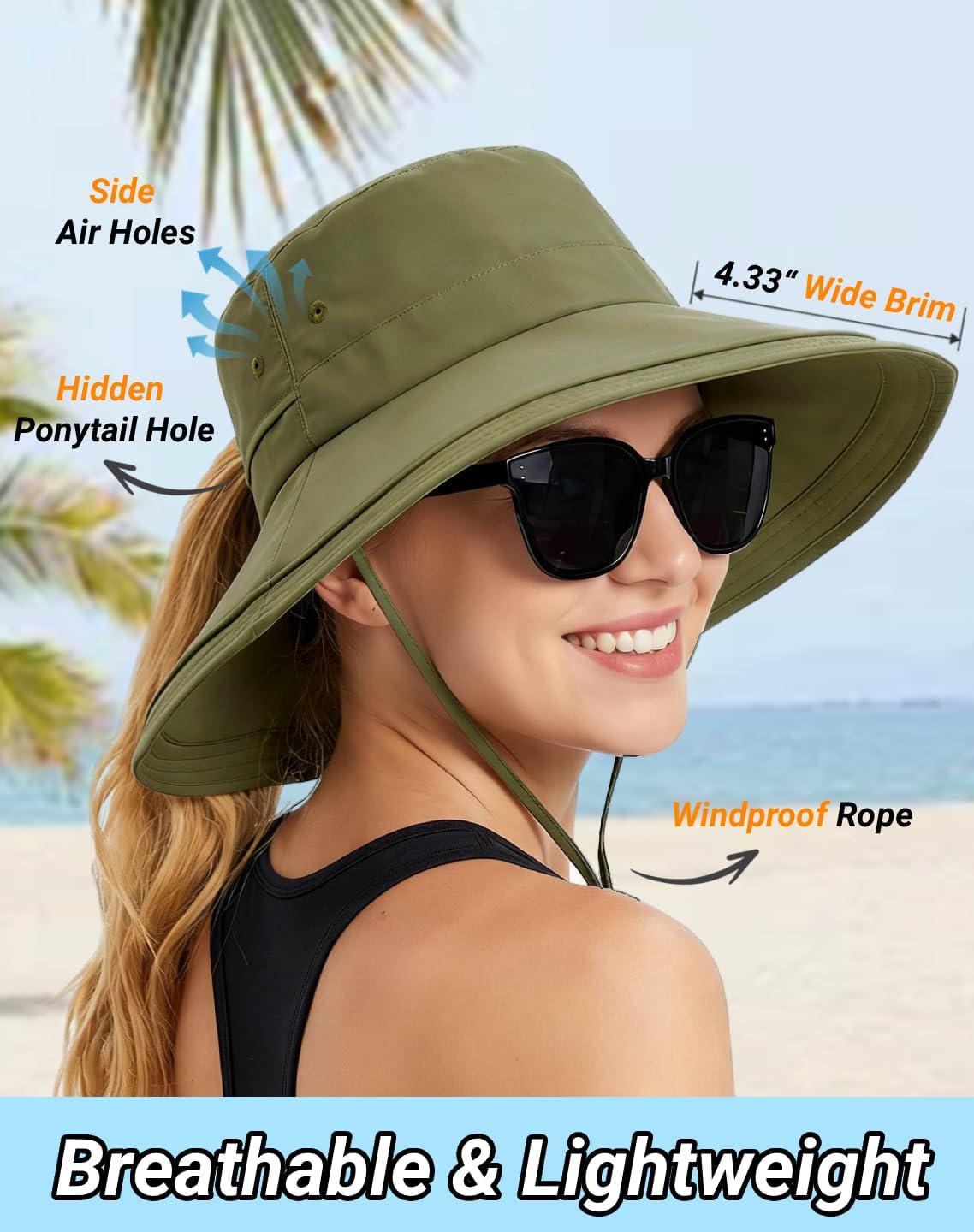 Rosoz Women Sun Hat with Ponytail Hole Wide Brim Bucket Hats UPF 50+ Beach Hiking Gardening Hat Water-Resistant Outdoot Hat