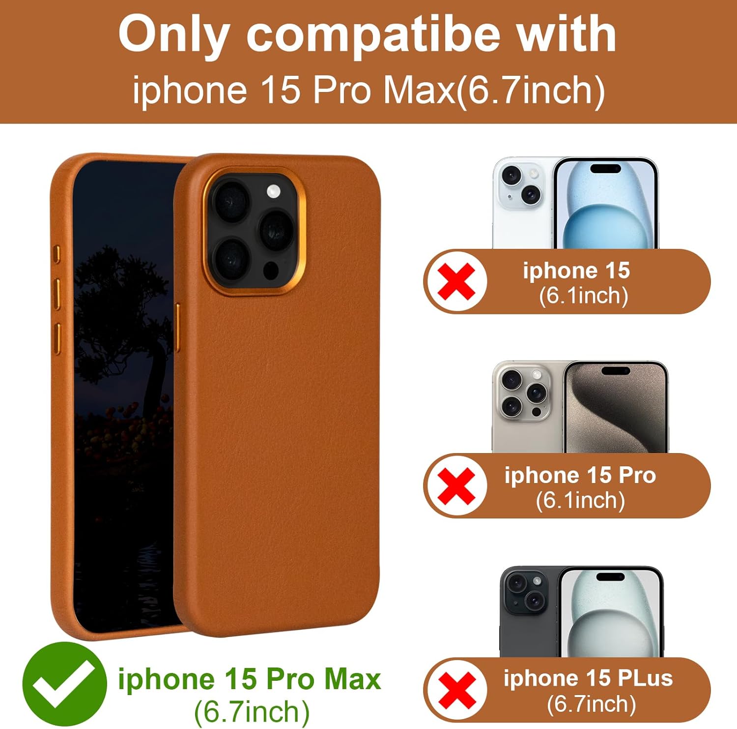 for iPhone 15 Pro Max Leather Case | Genuine Full Grain Leather| Compatible with MagSafe and Wireless Charging | Metal Buttons Camera Bezel | Slim Fit-Drop and Scratch Resistant(Brown) - Image 7