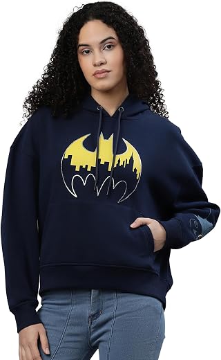Free Authority Batman Printed Loose Fit Navy Blue Cotton Women's Hoodie