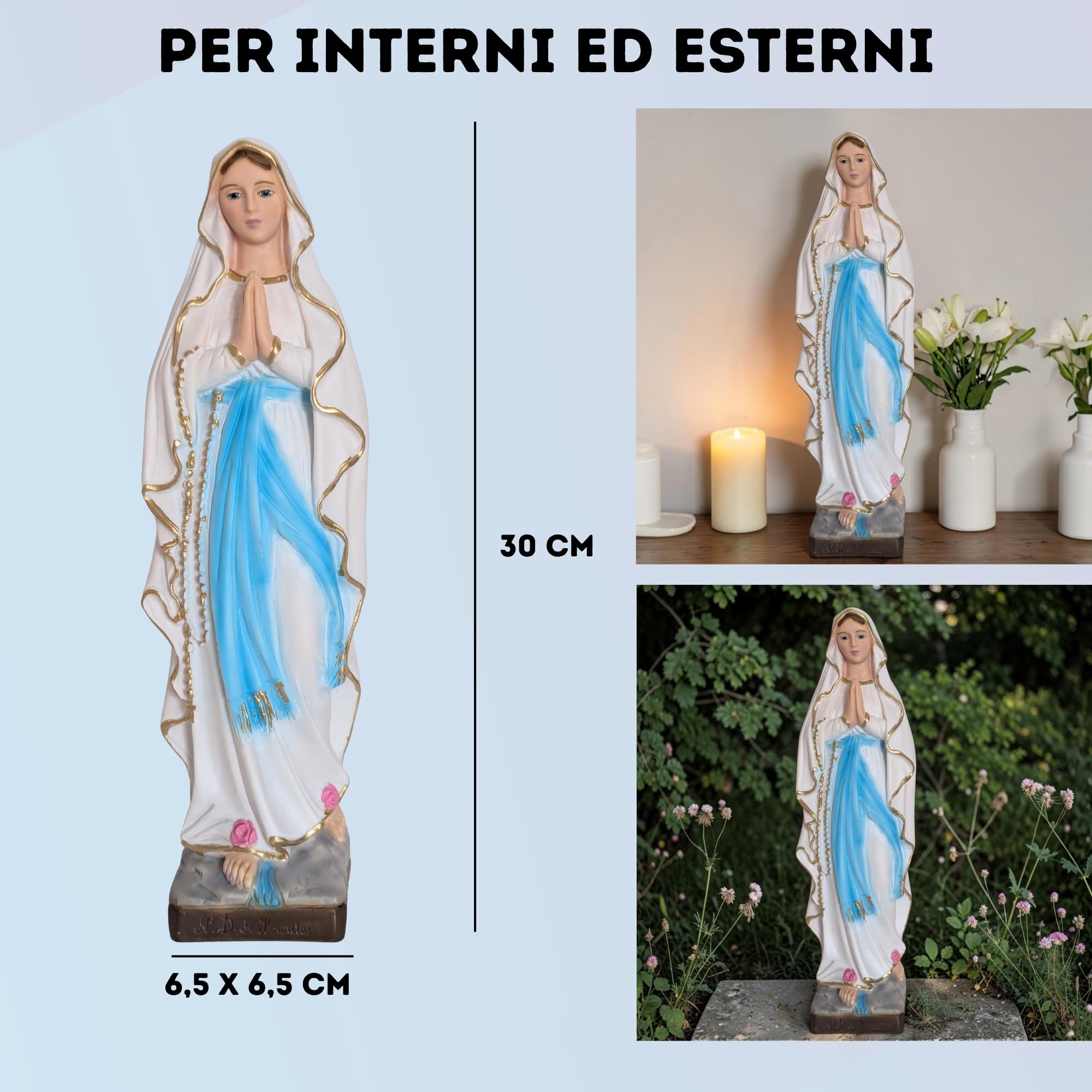 OVUNQUE PROTEGGIMI Statua Madonna di Lourdes cm 30, in Polvere di marmo, per Interni ed Esterni, Statuetta della Madonnina Realizzata artigianalmente in Toscana.