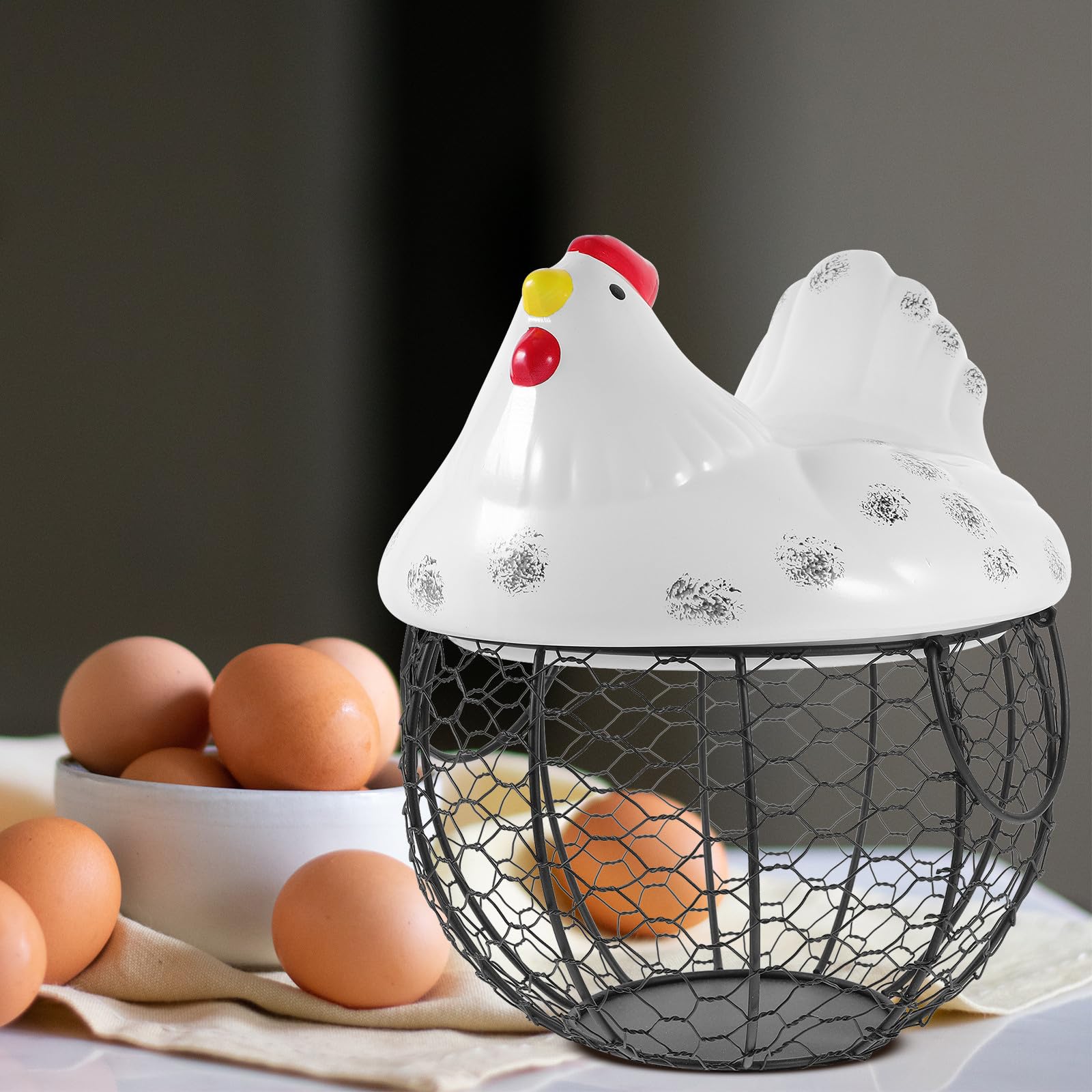 Cesta de Almacenamiento para Huevos con Diseño de Gallina de Hierro Artístico Organizador Multifunción para Frutas y Cocina Contenedor Decorativo Blanco para Hogar