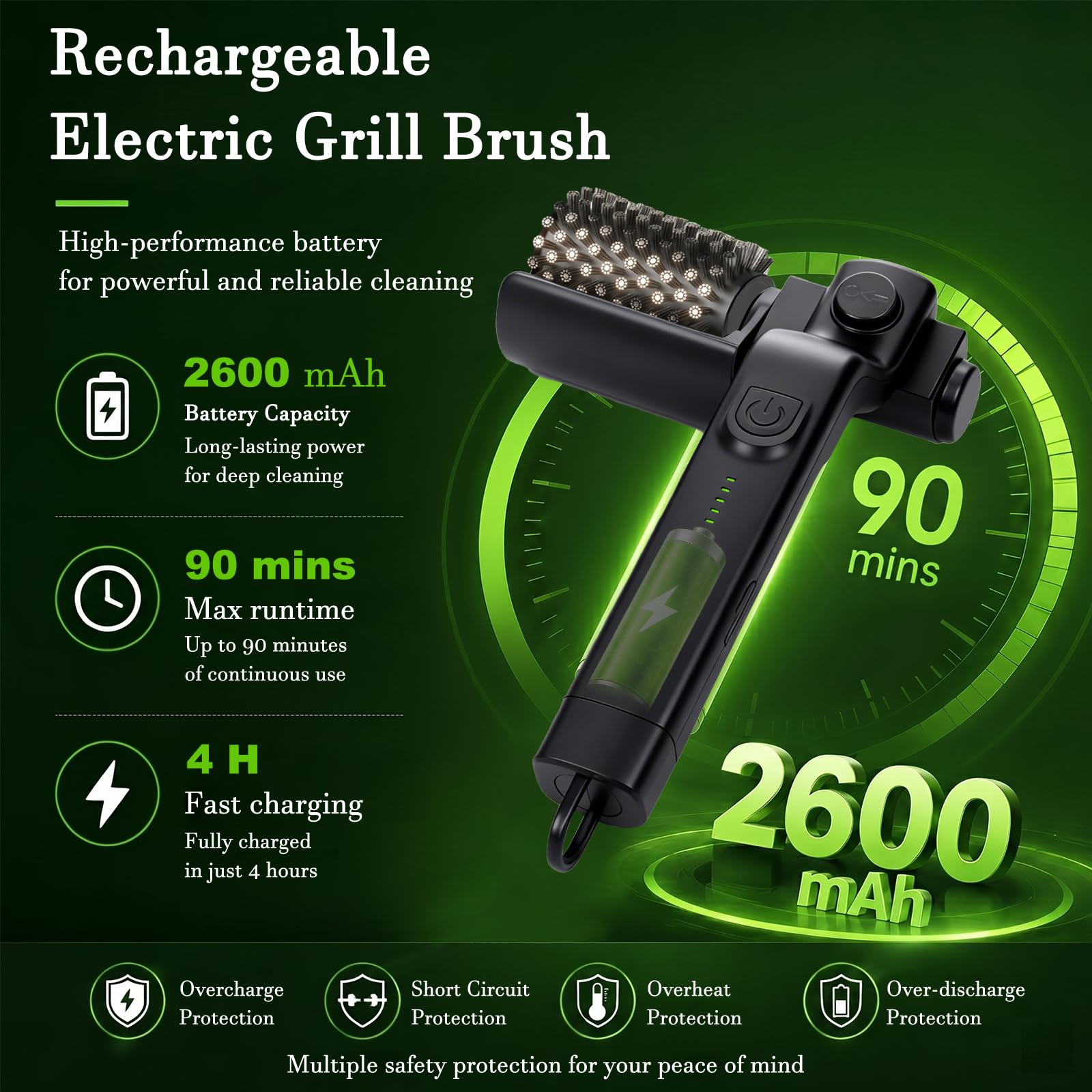 Cepillo eléctrico para parrilla, limpiador eléctrico de parrilla para exteriores, cepillo eléctrico inalámbrico recargable con cabezal ajustable de 180°, limpiador giratorio de 3 velocidades, 2
