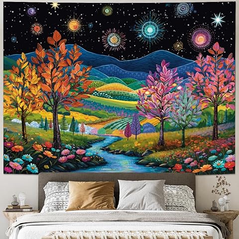 Heynvioo Blacklight Forest Tree Tapestry UV Reactive Fantasy Starry Sky Tapestries Colorful Nature Landscape Tapestry Hippie Mountain Tapestries Vintage Aesthetic Wall Hanging Decor for Home