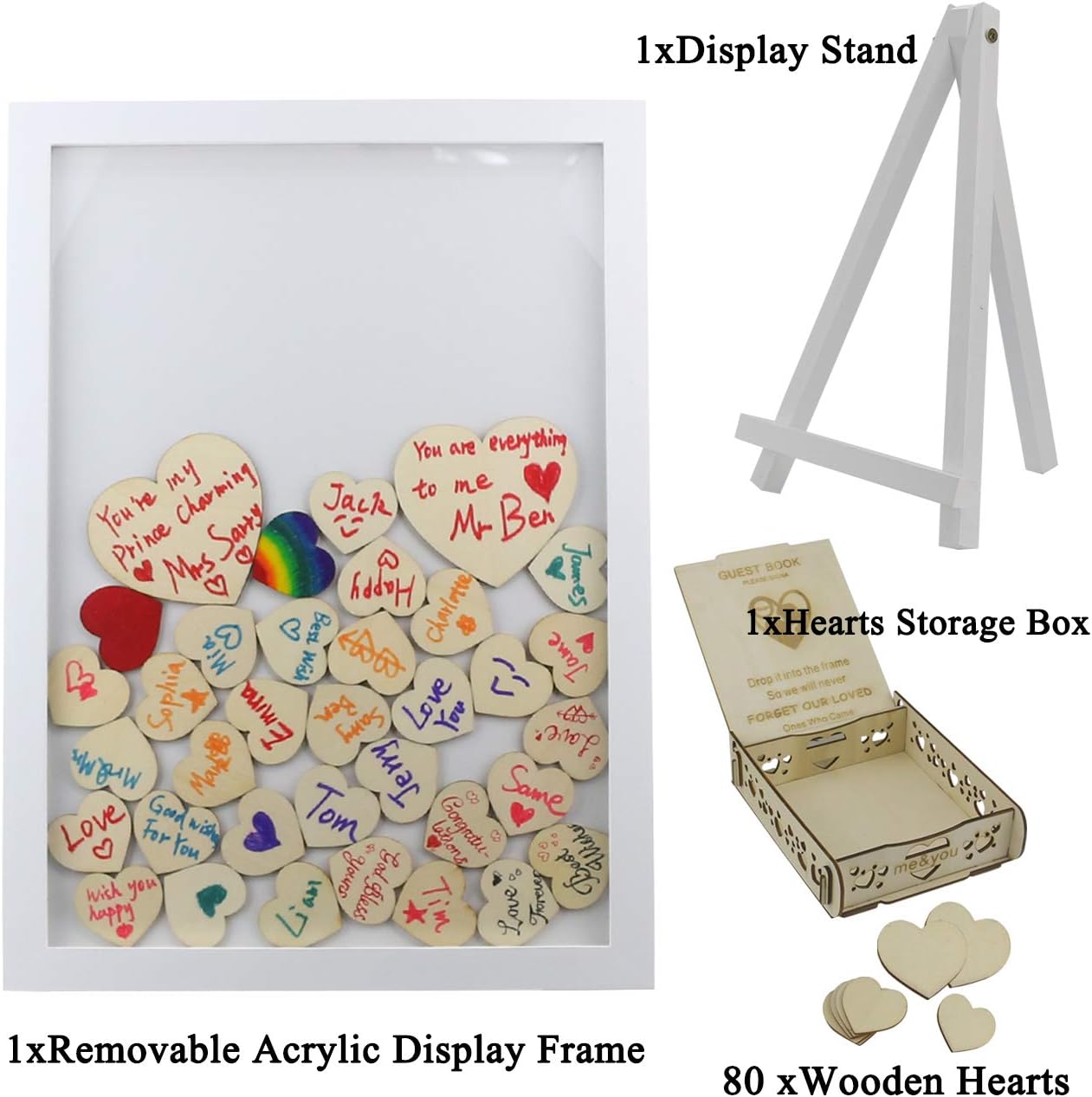 Sunnyglade Wedding Guest Book Alternative Set Include Removable Display Frame & Stand,78 Wooden Hearts, 2 Large Hearts,DIY Hearts Storage Box with Guest Book Sign for Wedding Reception Decorations