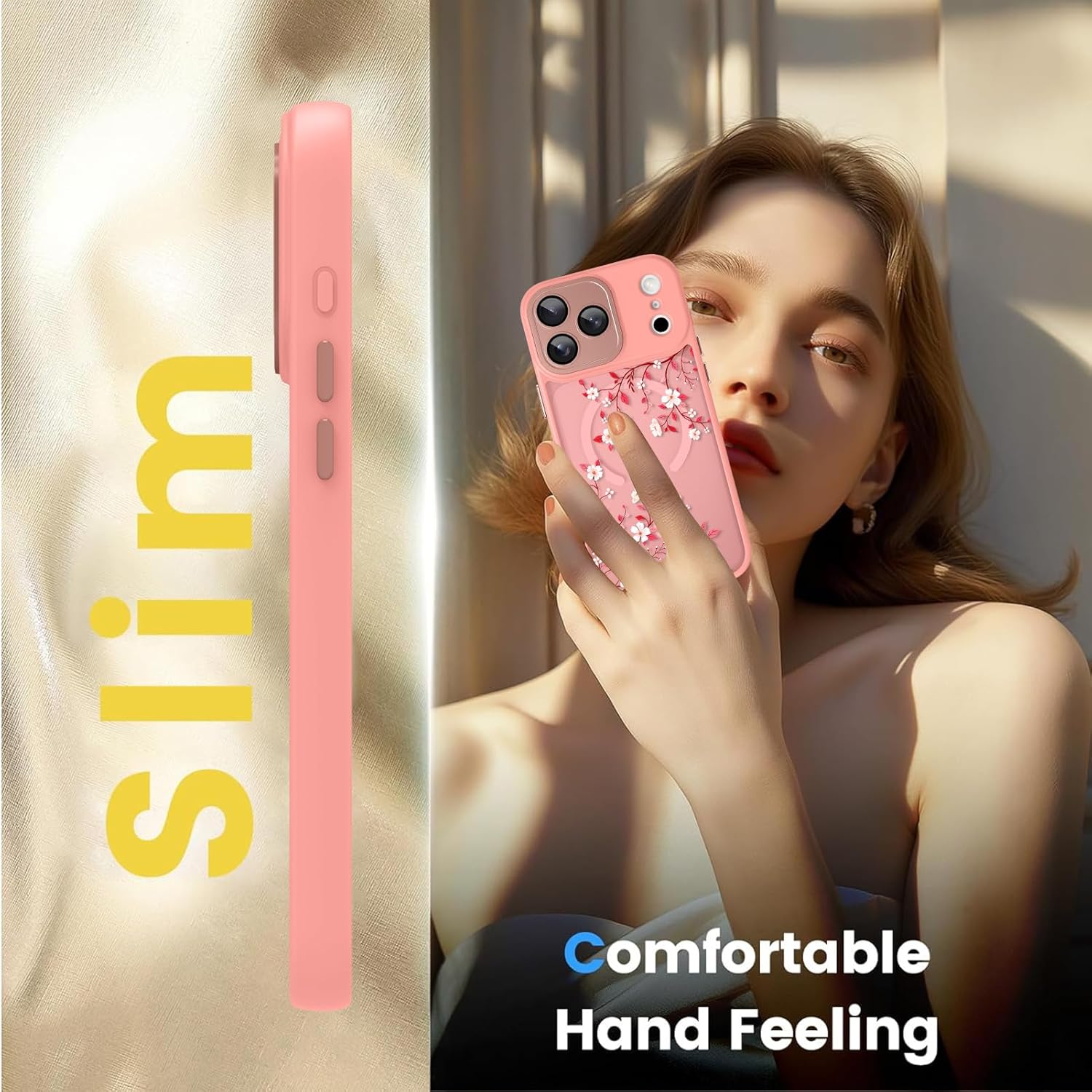 TEAUGHT Compatible for iPhone 17 Pro Max Case Magnetic Compatible with MagSafe, Cute Flowers Floral Leaves Design Translucent Soft Shockproof High-Duty Protection Phone Cover for Women Girls, Pink