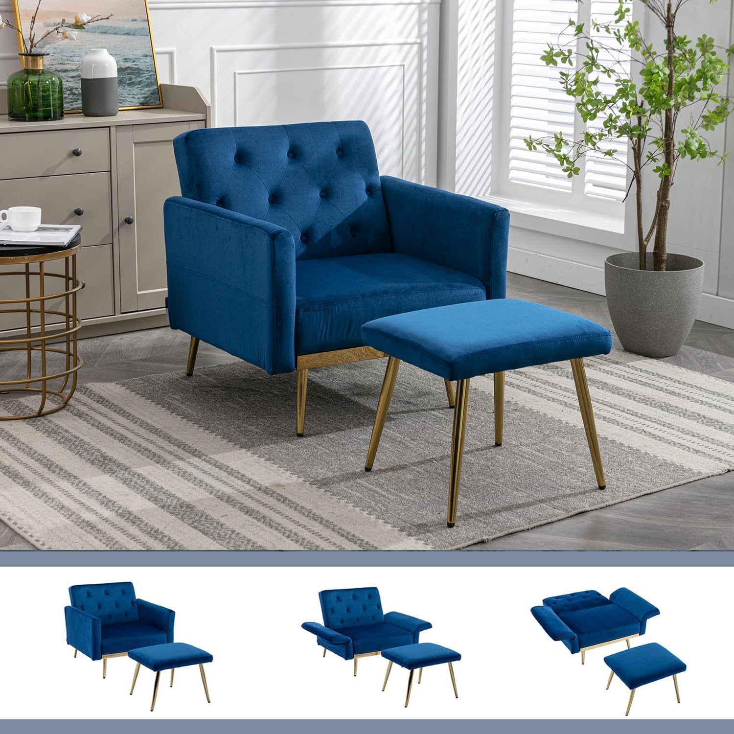 Velvet 2 in 1 Accent Chair with Ottoman,Modern Tufted Single Sofa Armchair with Adjustable Backrest,Armrests,Convertible Sleeper Recliner Lounge Chair for Living Room Bedroom Office (Navy)