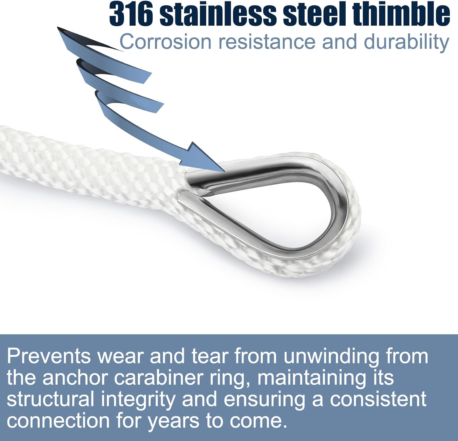 Anchor Rope Braided Anchor Line(White, 3/8" x 50') Premium Solid Braid MFP Boat Rope with Stainless Steel Thimble & Shackle, Quality Marine Line, Boat Accessories - Image 4